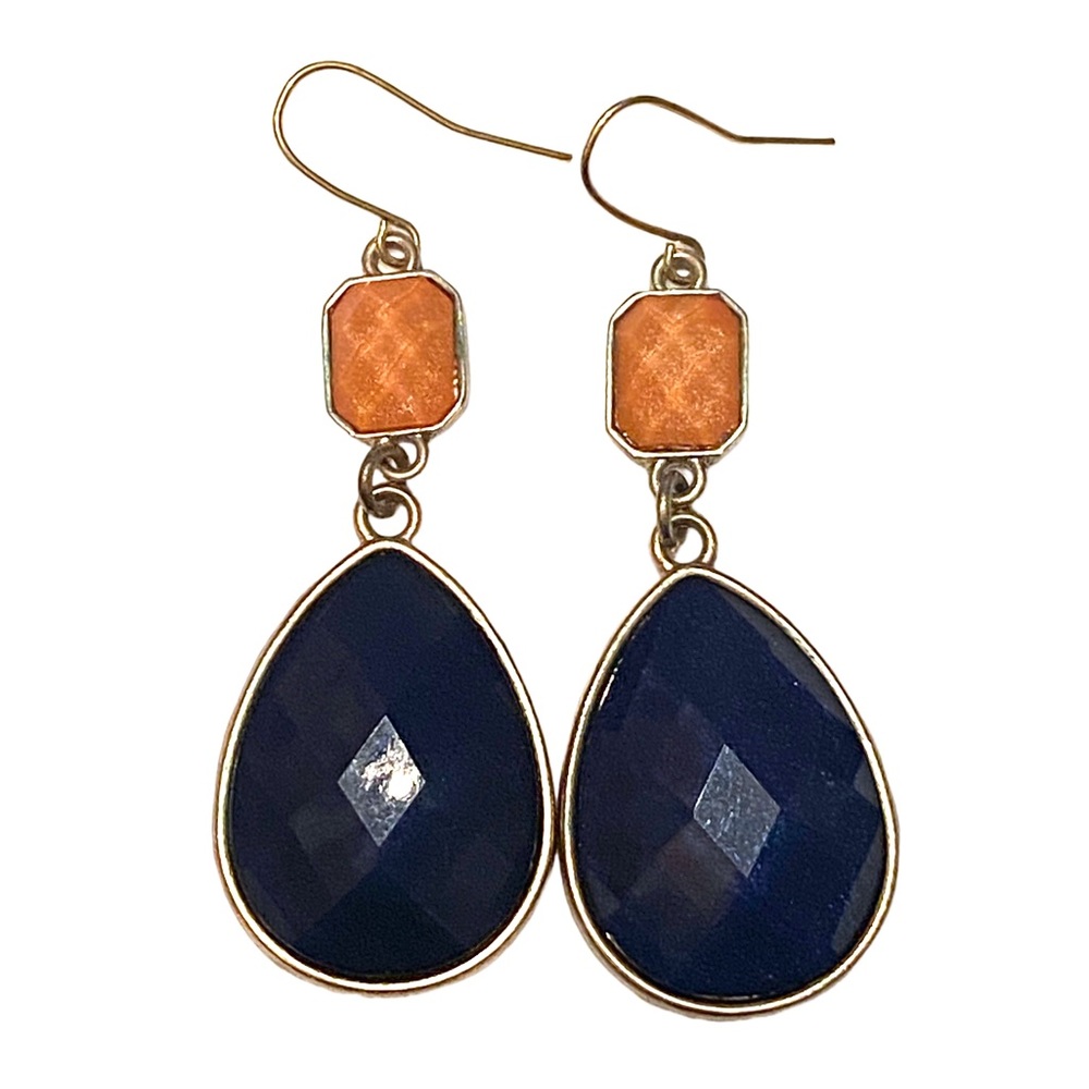 Navy Blue Orange Dangle Statement Earrings